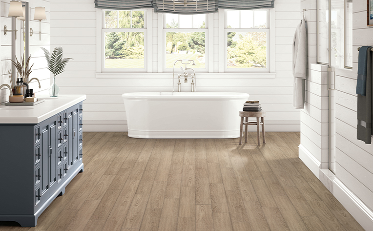 light vinyl flooring in bathroom with windows